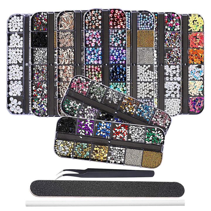 EBANKU Nail Art Strass Kit Multi Design Zubehör Mit 1 Pinzetten 1 Stück Wachsstifte Deko Diamanten Kristalle Perlen Edelsteine Bunt Pferdeaugen Strass Metall Nieten Für Nagel DIY (1 Stück (10Er Pack))