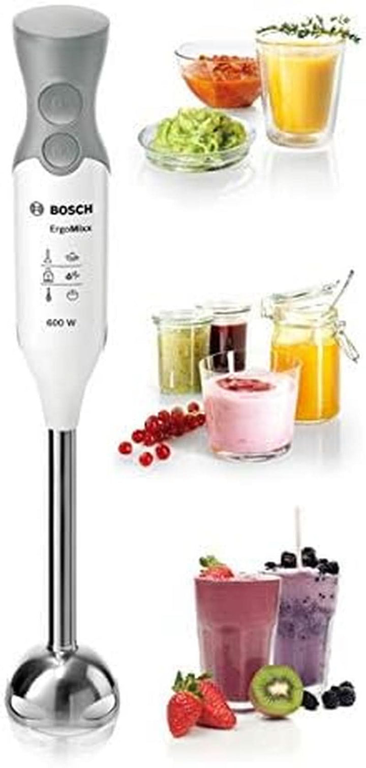 Bosch Stabmixer Ergomixx MSM66110, Edelstahl-Mixfuß, Mix- Und Messbecher, 2 Geschwindigkeitsstufen, Leichtes Gehäuse, 4-Klingen-Messer, Einfache Reinigung, 600 W, Weiß/Grau