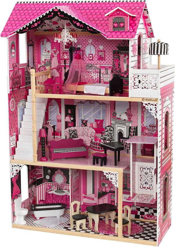 Casă de păpuși din lemn Kidkraft Amelia cu mobilier și accesorii, set de joacă cu balcon și lift pentru păpuși de 30 cm, jucărie pentru copii de la 3 ani, 65093