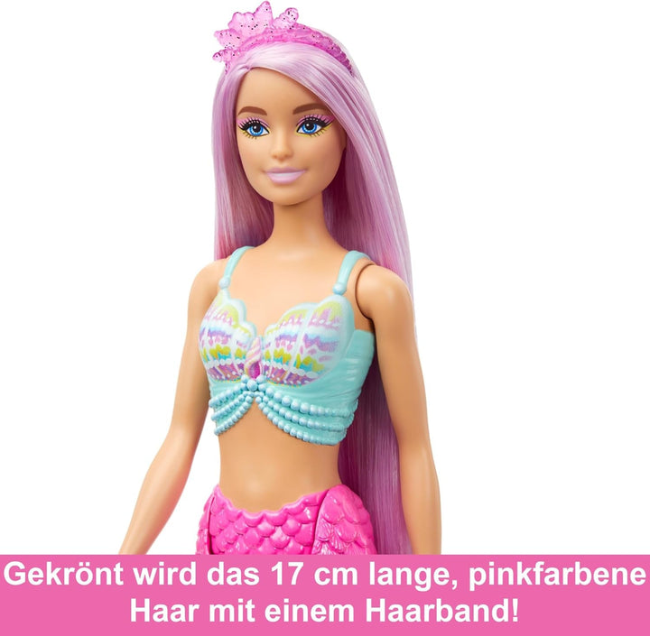 Păpușa Barbie Mermaid - cu păr lung roz și accesorii pentru styling personalizat, inclusiv perie, cochilie frumoasă și aripioare roz, pentru copii de la 3 ani, HRR00