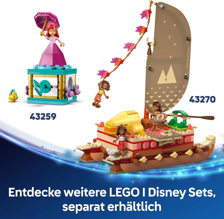 LEGO Ç€ Disney Vaiana 2: Pluta de aventură a Vaianei - Barcă de jucărie cu vele, punte detașabilă, foc de tabără și 3 mini păpuși, inclusiv Loto și Moni - Cadou pentru fete 6+ și fani - 43270