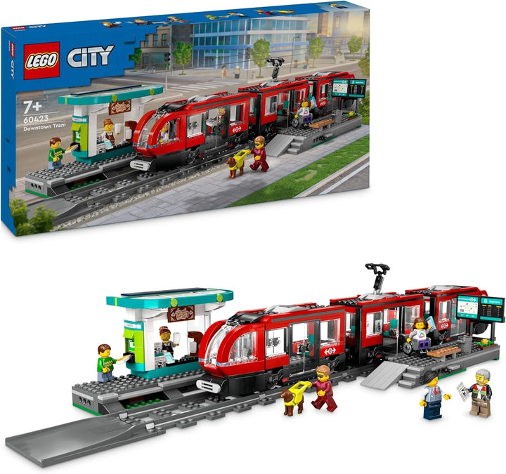 Tramvai LEGO City cu stație, idee de cadou pentru fanii jucăriilor cu vehicule de la 7 ani, cu 6 minifigurine și un câine ghid pentru jocuri de rol, jucărie de construcție 60423