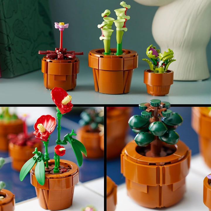 Mini plante LEGO Icons, 9 flori artificiale de construit, set de colecție botanică pentru adulți cu ghiveci de teracotă construibil, decorațiuni pentru casă, cadou pentru femei și bărbați 10329