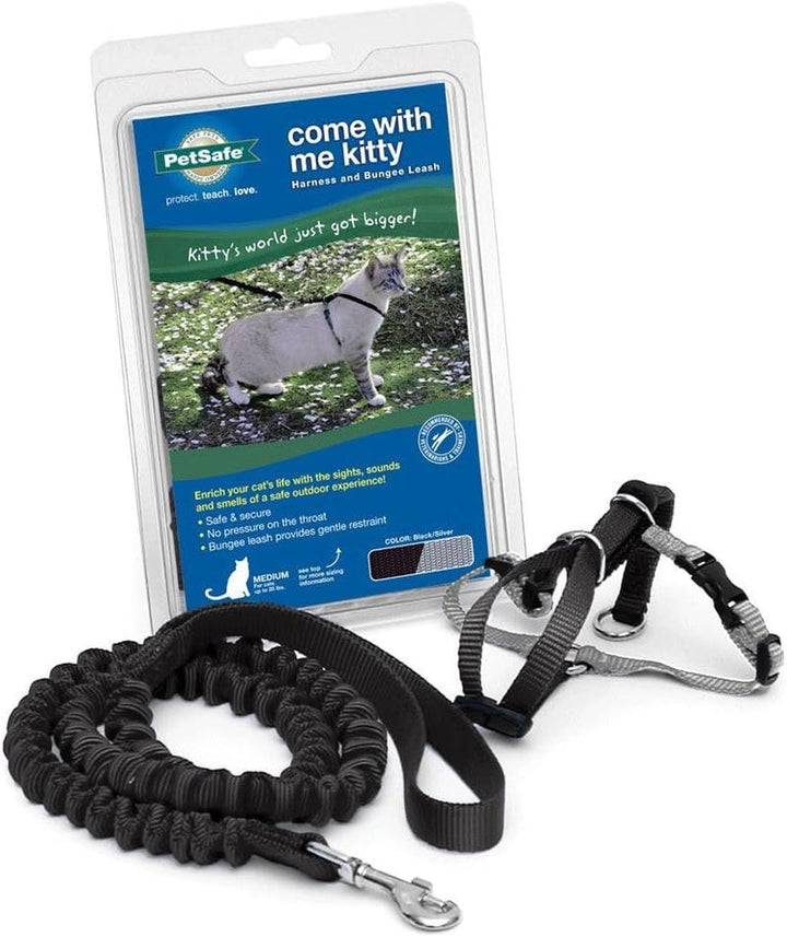 Ham și lesă elastică Petsafe Come with Me Kitty, ham pentru pisici, mărimea S, negru/argintiu