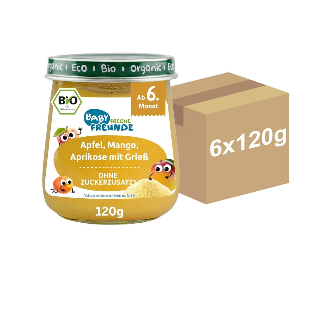 BABY FRECHE FREUNDE Bio Gläschen Abendbrei Banane, Apfel Mit Grieß Für Babys Ab 6 Monaten, Ohne Zuckerzusatz, 6 X 190G