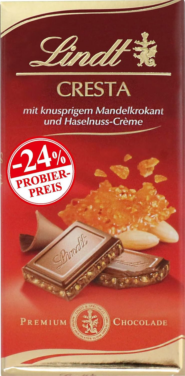 Lindt Schokolade Cresta Tafel 100G | Vollmilch-Schokolade Mit Knusprigem Mandelkrokant Und Haselnuss-Crème | Schokoladentafel | PROMO