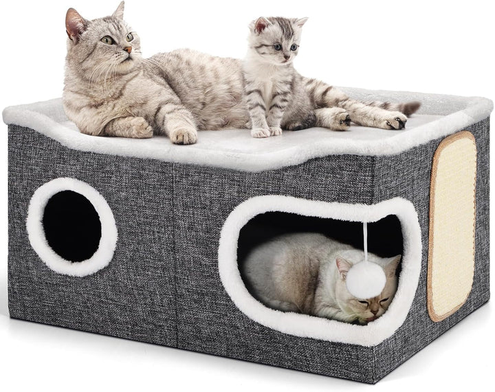 Căsuță pentru pisici Shikha cu 3 straturi, peșteră pliabilă pentru pisici mari, 40L*40l*63H cm, cub pentru pisici de interior, divizibilă în 2 peșteri mari pentru pisici cu ascunzătoare pentru pisici, pat pentru pisici cu zgârietură și minge de joacă