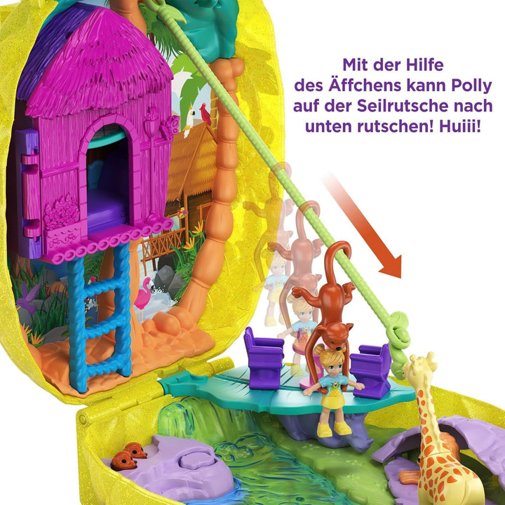 Polly Pocket GKJ64 - Cutie de buzunar cu ananas, portabilă, cu 8 funcții distractive, păpușile Polly și Purple, 2 accesorii și foaie de autocolante; jucărie pentru copii de 4 ani și peste