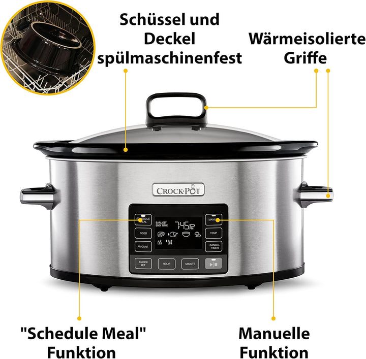 Crock-Pot Timeselect Digitaler Schongarer | Mit Programmierbarem Timer Und Digitaler Anzeige | 5,6 L Fassungsvermögen (Für 7 Personen Und Mehr) | Warmhaltefunktion | Edelstahl [CSC066X]