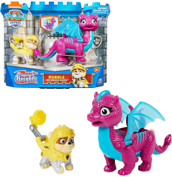 Paw Patrol, Rescue Knights Rubble și Dragon Blizzie set de figurine de acțiune, jucărie potrivită pentru copii cu vârsta de 3 ani și peste