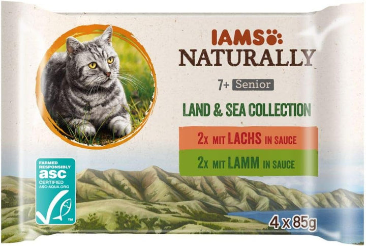 IAMS Naturally Senior Cat Food Wet in Sauce - Hrană umedă de înaltă calitate cu carne și pește pentru pisici în vârstă, Land & Sea Collection, 12 X 85 G