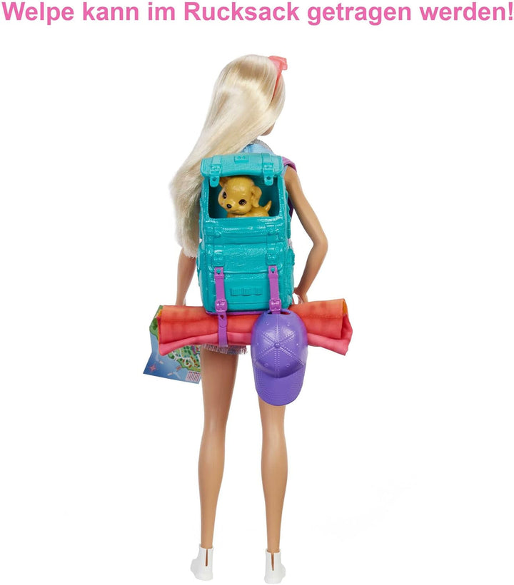 Barbie Camping Series, păpușă 1X cu păr blond, rucsac de drumeție, echipament de exterior, binoclu, hartă, cățel, accesorii, cadou pentru copii, jucărie de la 3 ani,Hdf73