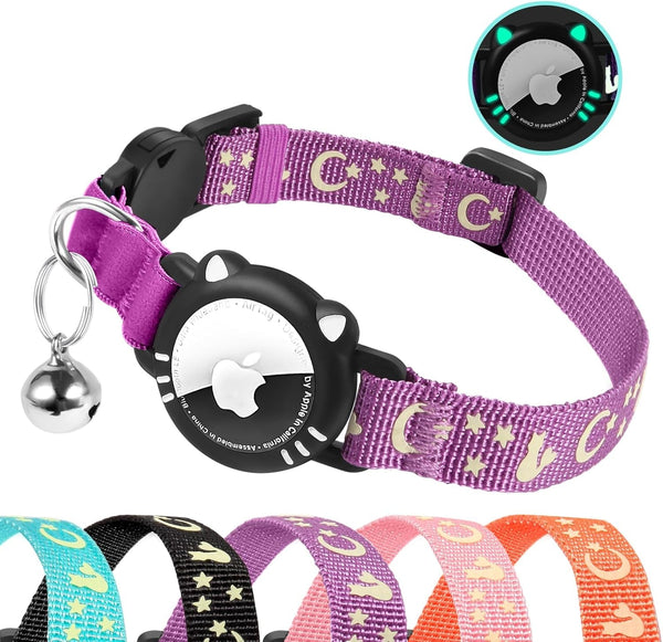 Zgardă pentru pisici Agoumlux Airtag, suport pentru zgardă compatibilă cu Apple Air Tag, zgardă reflectorizantă cu clopoțel, zgardă GPS pentru pisici, violet, XS (17,5-23 cm)