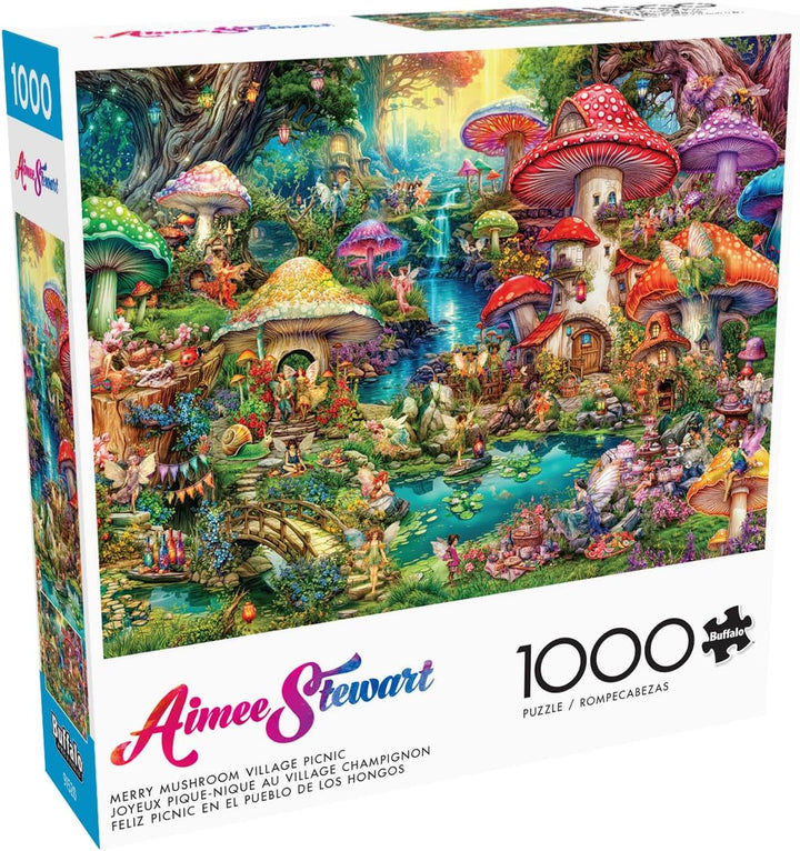 Buffalo Games - Aimee Stewart - Merry Mushroom Village Picnic - Puzzle de 1000 de piese pentru adulți, puzzle provocator, perfect pentru serile de jocuri - Ready Made Size 26.75 X 19.75 Cm