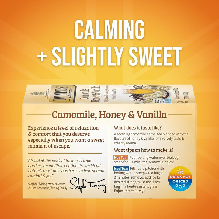 Camomile, Honey & Vanilla Herbal Tea Individually Wrapped Bags, 20 Count (Pack of 1), Naturally Caffeine-Free, Enjoy Hot or Iced, 20 Teabags Tea USA Naty Shop
