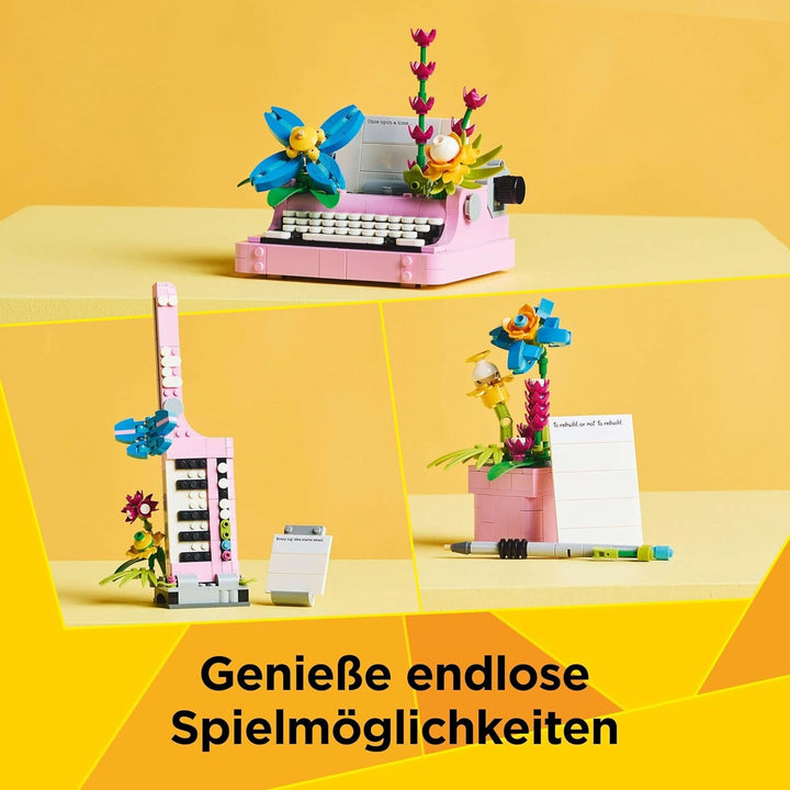 LEGO Creator 3In1 Mașină de scris cu flori - jucărie convertibilă într-un model Keytar sau într-un ghiveci de flori cu blocnotes și stilou - set de construcție - cadou pentru fete și băieți de la 8 ani 31169