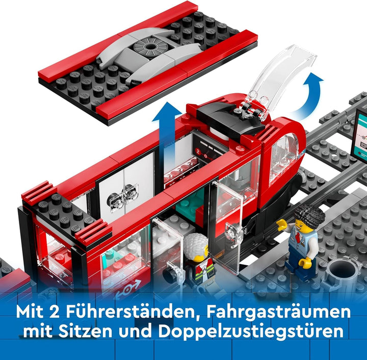 Tramvai LEGO City cu stație, idee de cadou pentru fanii jucăriilor cu vehicule de la 7 ani, cu 6 minifigurine și un câine ghid pentru jocuri de rol, jucărie de construcție 60423