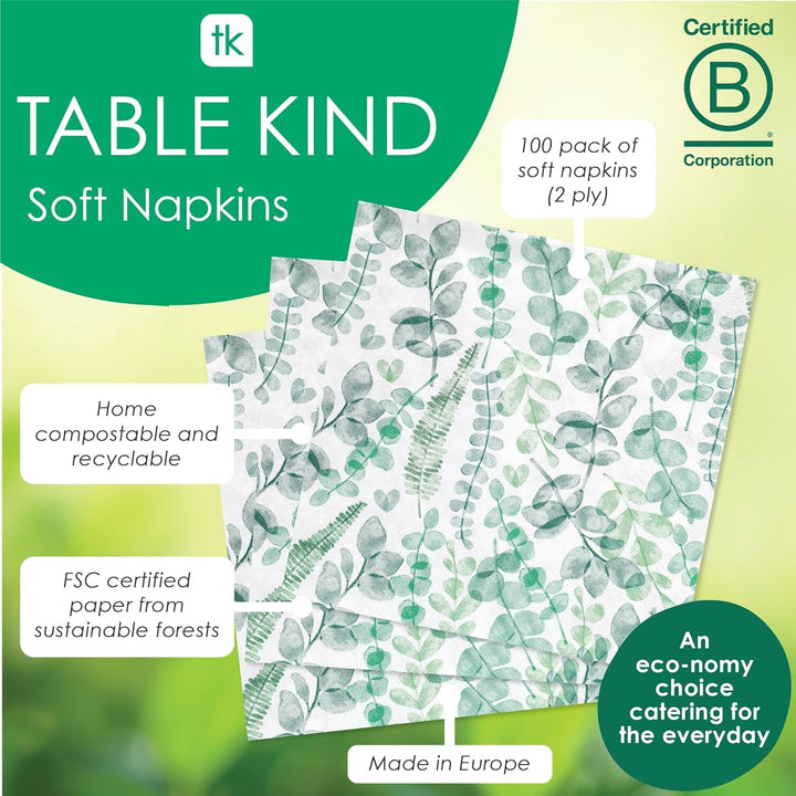 Șervețele de unică folosință Talking Tables Table Kind, șervețele din hârtie moale, frunze verzi, pentru nunți sau uz zilnic, ecologice, compostabile, reciclabile, produse în UE, 2