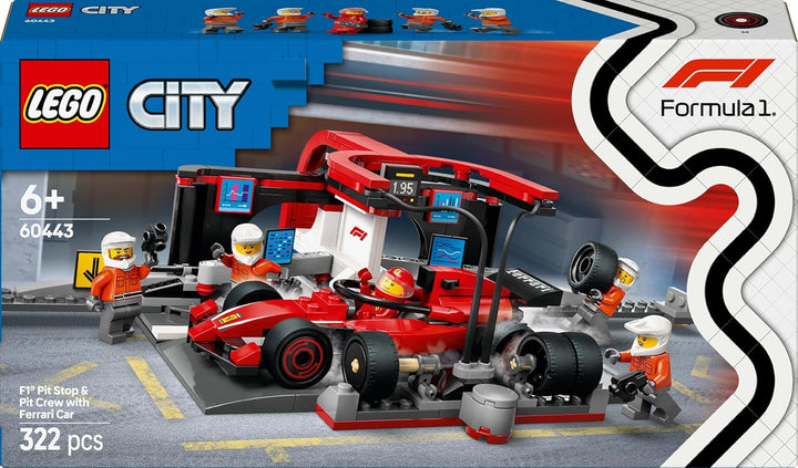 LEGO City F1 Pit Stop cu echipa și Ferrari Speedster - Set Formula 1 Pit Stop cu 1 pilot de curse și 4 minifigurine mecanice - Jucărie pentru mașini de curse pentru băieți și fete peste 6 ani - 60443