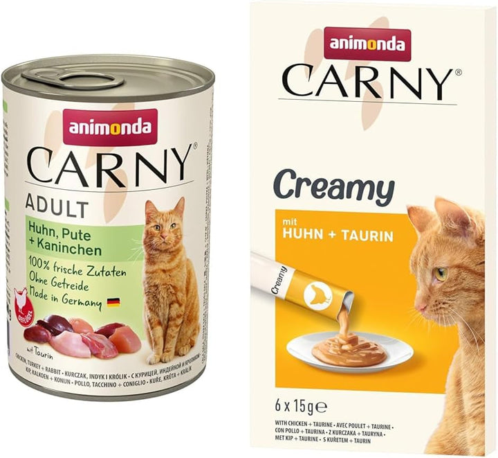 Pachet hrană pentru pisici adulte, pui, curcan + iepure, 6 X 400 G + Creamy - Snack premium pentru pisici pentru gurmanzi pretențioși - Pui fin și taurină în pungi proaspete - 6 X 15 G