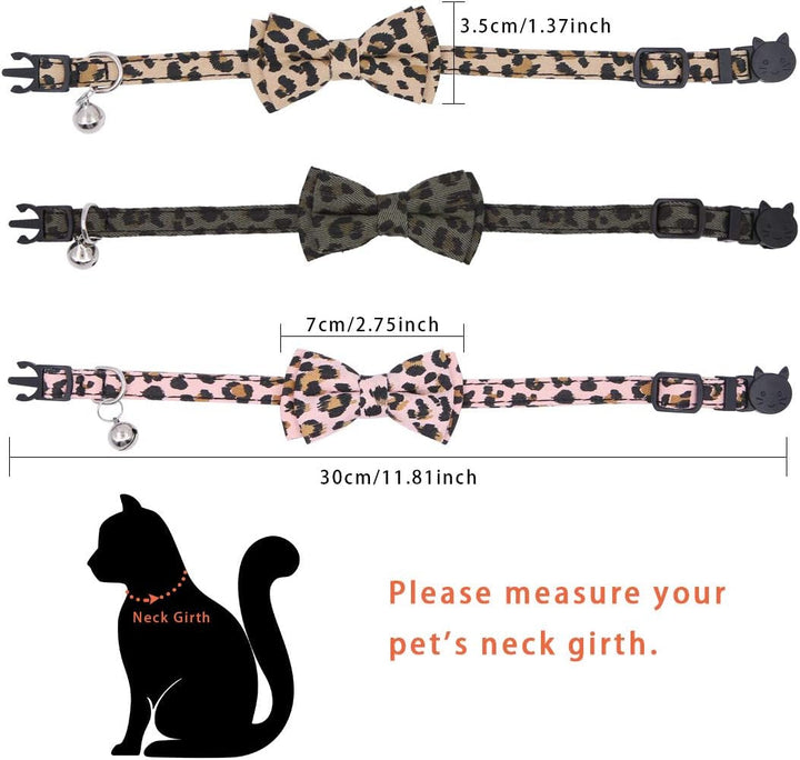 Zgărzi pentru pisici, pachet de 3, imprimeu leopard, reglabile, cu clopoțel, 20-23 cm, pentru pisici de talie mică, modele drăguțe, cataramă în formă de față de pisică