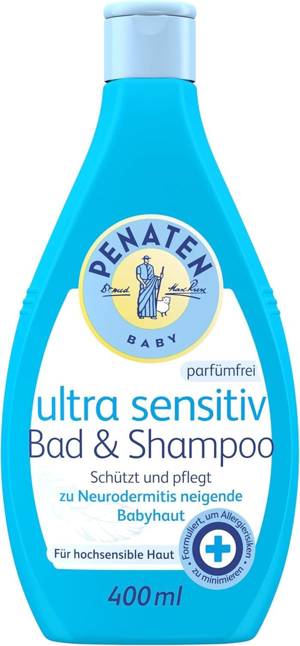 PENATEN Ultra Sensitive Bath & Shampoo (400 ml), baie și șampon pentru bebeluși deosebit de blând pentru pielea foarte sensibilă a bebelușilor predispuși la neurodermatită, gel de duș și șampon de păr fără parfum și coloranți