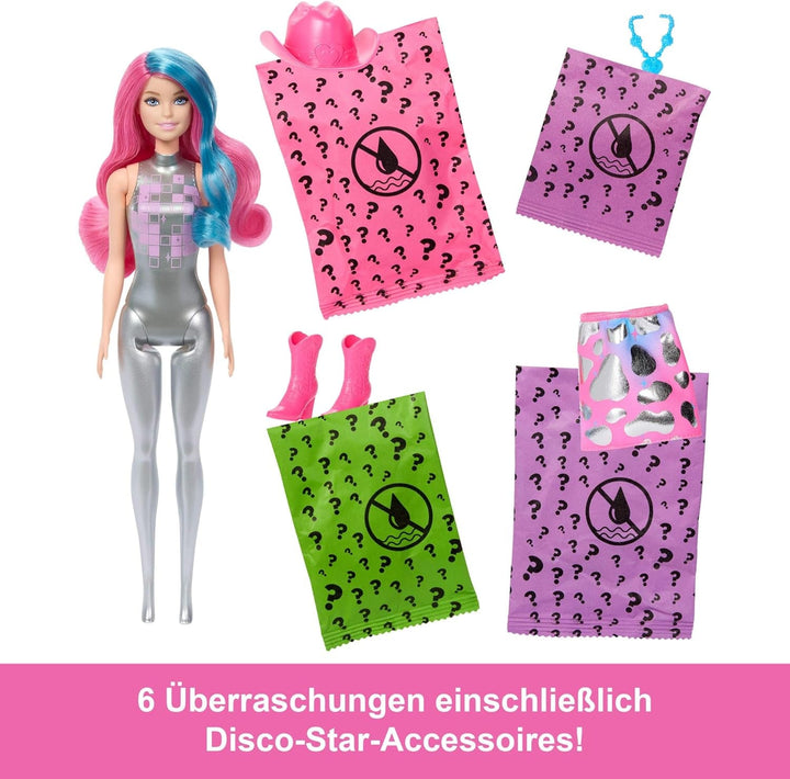 Barbie Color Reveal Fashion Doll și accesorii cu 6 surprize, seria Disco Star cu strălucire metalică și top cu schimbare de culoare (stilurile pot varia), JCP01