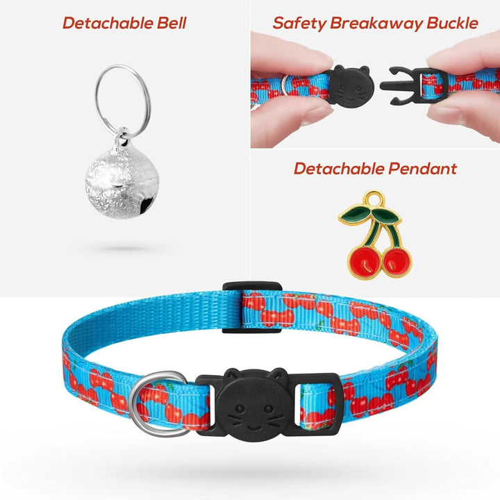 Zgardă pentru pisici, 7 piese, cu clopoțel și pandantive cu fructe, zgardă pentru pisici cu încuietoare de siguranță, reglabilă de la 18-30 cm, articole pentru animale de companie