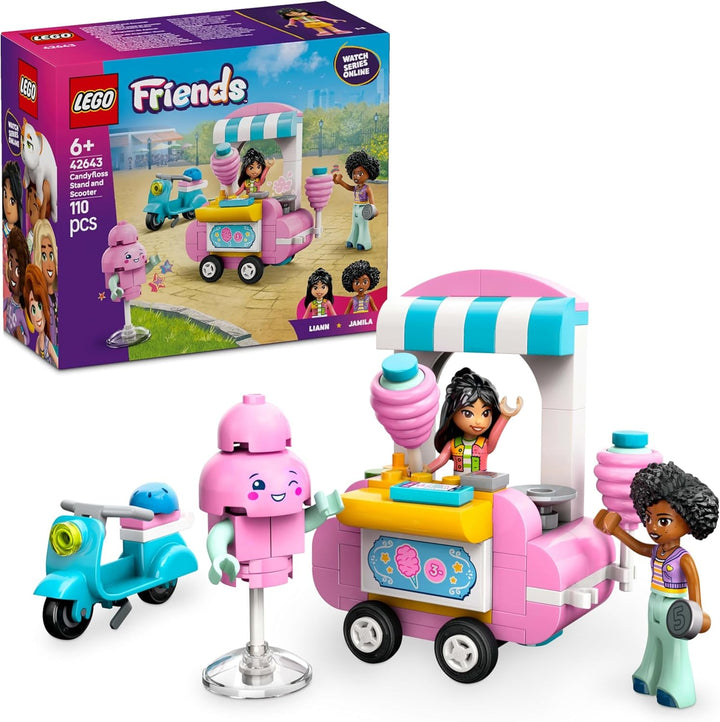 Suport pentru vată de zahăr LEGO Friends, set de joacă pentru jocuri de rol creative cu 2 minifigurine, suport mobil și accesorii, cadou pentru fete de la 6 ani, set de construcție cu mini păpuși 42643