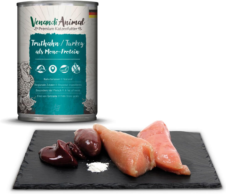 Venandi Animal Premium Hrană umedă pentru pisici, Tasting Pack III, pui, curcan, vită, pui + iepure, vițel, curcan, 6 X 400 G, fără cereale și naturală, 2.4 Kg