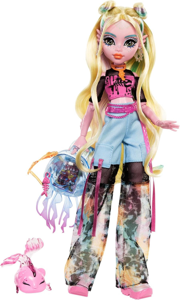 Păpușă MONSTER HIGH Lagoona Blue - hanorac roz, pantaloni scurți de bicicletă batik, sandale cu platformă, aripioare, accesorii, pentru copii cu vârsta peste 4 ani, HHK55