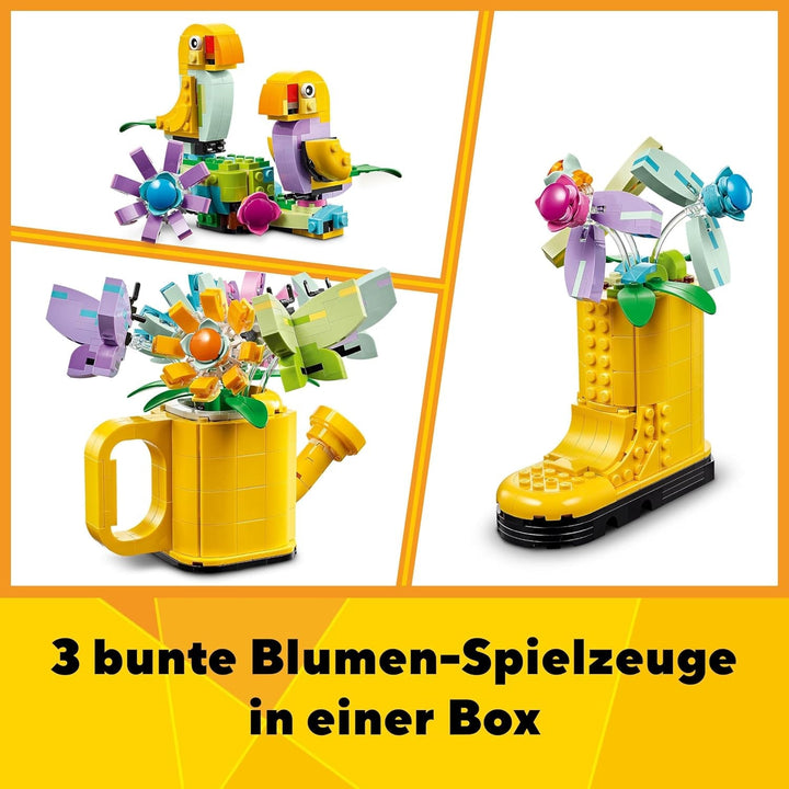 LEGO Creator 3In1 Set de stropitoare cu flori, decorare cameră copii, construiește o stropitoare cu buchet de flori, cizme de cauciuc sau 2 păsări de jucărie, cadou creativ pentru fete și băieți de la 8 ani 31149
