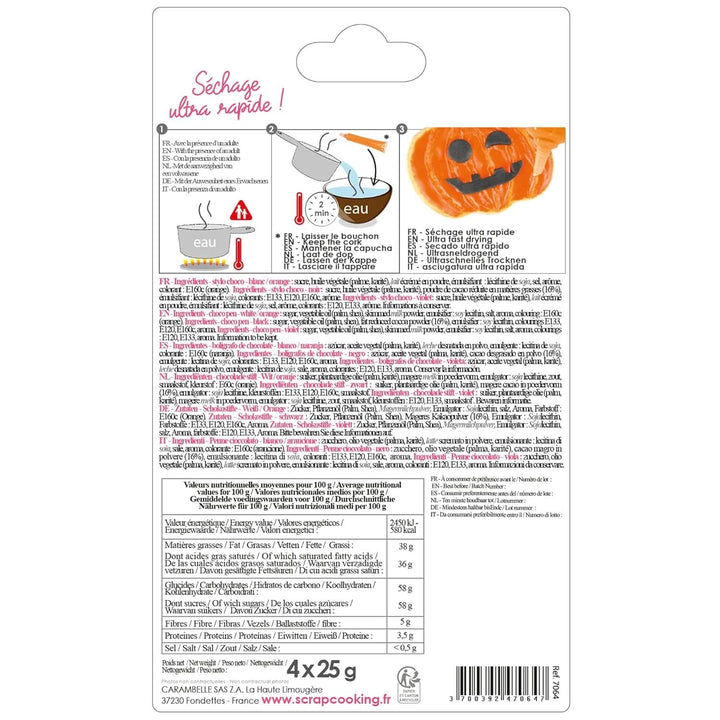 Scrapcooking - Set de 4 stilouri de ciocolată de Halloween - negru, portocaliu, violet și alb, scrieți și desenați pe deserturi, prăjituri și biscuiți