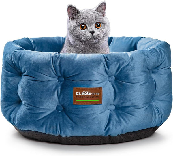 Pat pentru pisici Home Deep Nest, pentru pisici de până la 7 kg, pat rotund de interior cu aspect de catifea, laterale extra înalte, fund antiderapant, lavabil la mașină (albastru oțel)