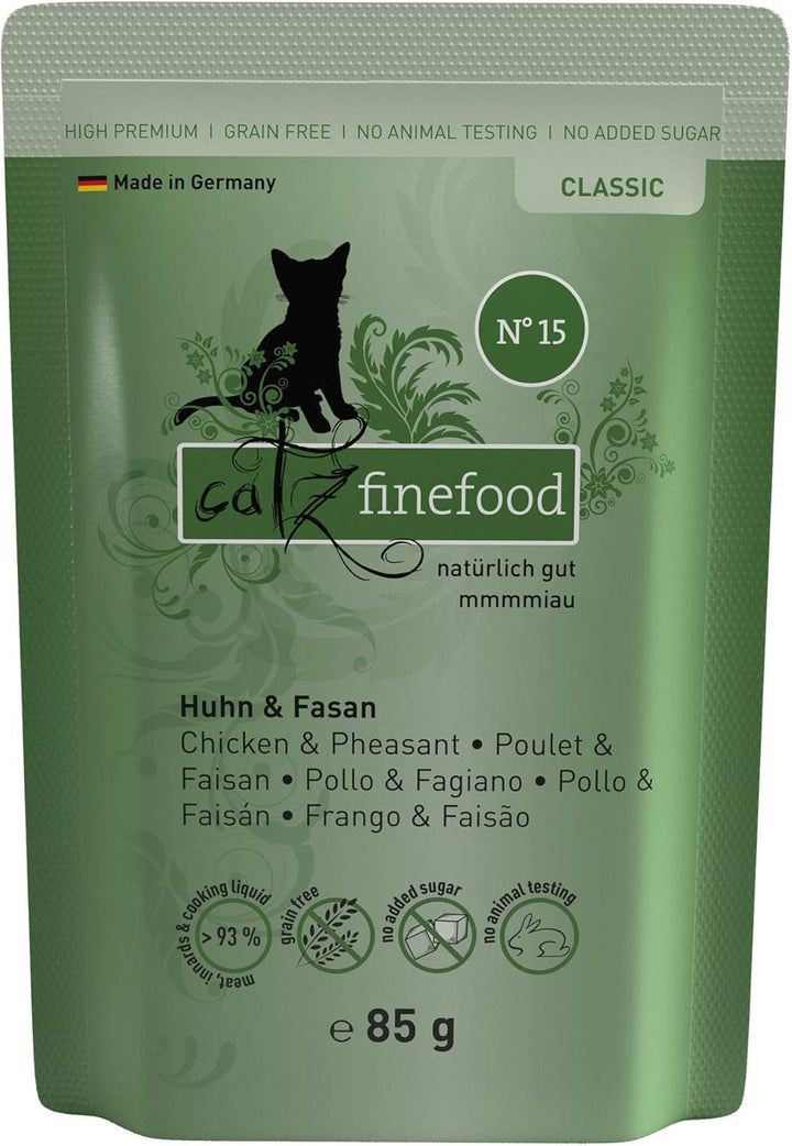 Hrană umedă pentru pisici Catz Finefood Classic N° 15 Chicken & Pheasant - Hrană umedă gourmet pentru pisica dvs. fără zahăr și cereale, fără gluten - cu conținut ridicat de carne, fabricată în Germania (6 cutii de 800 g)