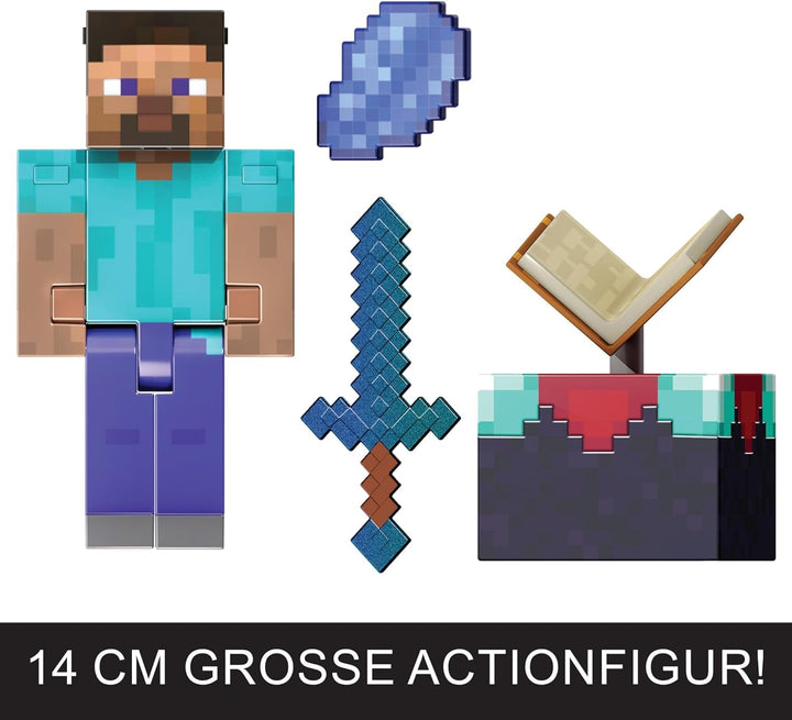 Mattel Minecraft Diamond Level Steve figurină de acțiune cu 3 accesorii, figurină de colecție, figurină la scară reală de aproximativ 14 cm și design pixelat HXM84