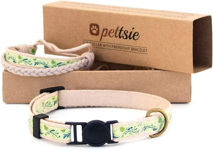 Set zgardă și brățară a prieteniei pentru pisici Pettsie, design sigur cu bumbac moale, inel D pentru accesorii, dimensiune ușor reglabilă 19-29 cm, verde