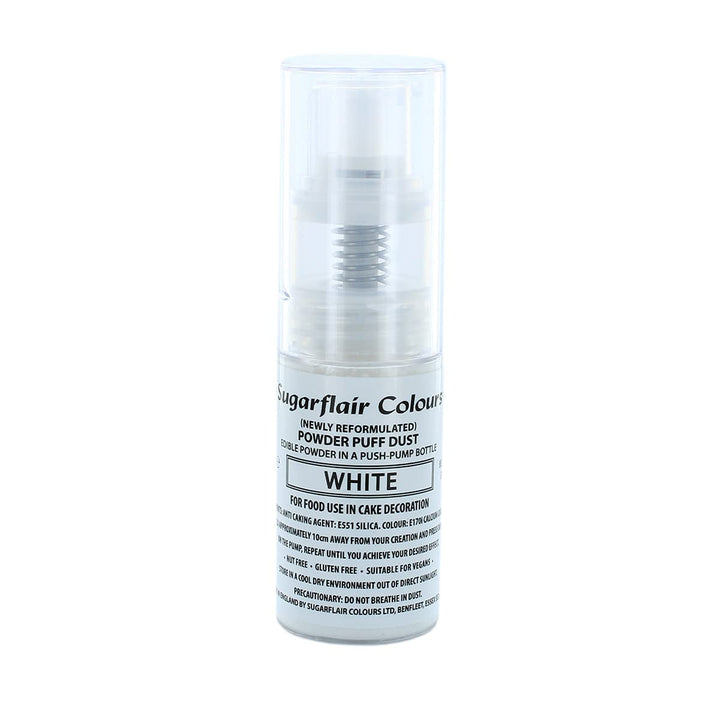 Spray pudră cu pompă Sugarflair, alb - colorant alimentar pentru decorarea torturilor, spray fără aerosoli pentru torturi, brioșe și multe altele - 10 g