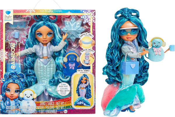 Rainbow High Winter Wonderland - Skyler (albastru) - păpușă de modă de 28 cm, cu zăpadă magică ascunsă care se acumulează cu apă, cu set de om de zăpadă, potrivită pentru copii de la 4-12 ani și colecționari