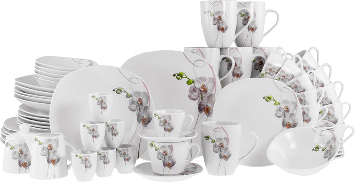 Creatable, 22536, Serie Square Orchidee, 62-Teiliges Geschirrset Für 6 Personen, Kombiservice Aus Porzellan, Spülmaschinen- Und Mikrowellengeeignet, Qualitätsproduktion