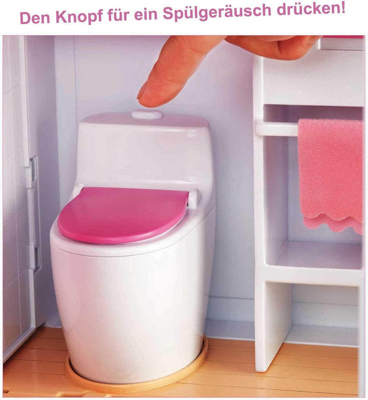 Barbie Dollhouse, Dream Villa Doll, complet mobilată, 3 etaje, 8 camere inclusiv piscină, tobogan și lift, 70 de accesorii, jucării de la 3 ani, GNH53