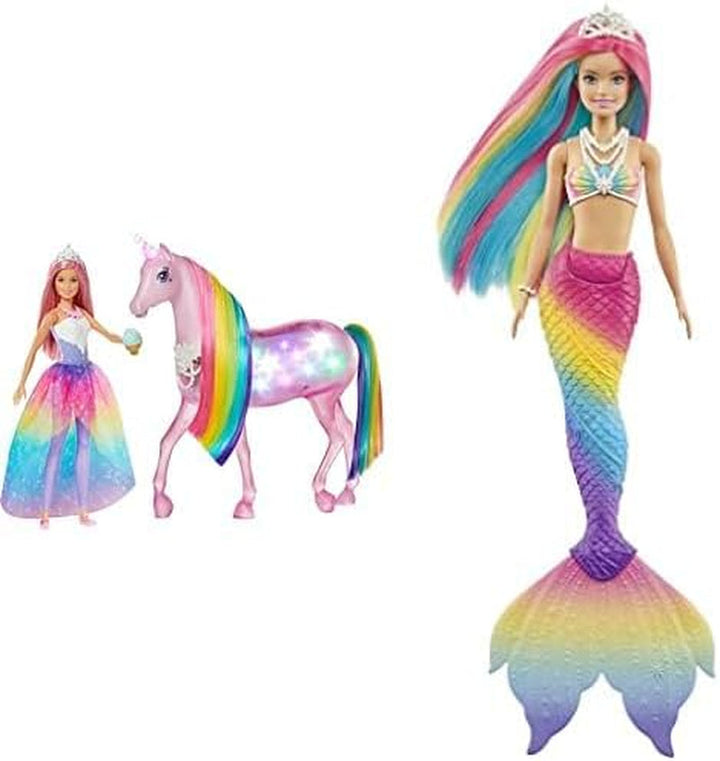 Barbie Dreamtopia Magical Magic Light Unicorn, cu 25+ lumini și sunet, incl. păpușă Barbie și unicorn, cadou pentru copii, jucărie de la 3 ani, GWM78