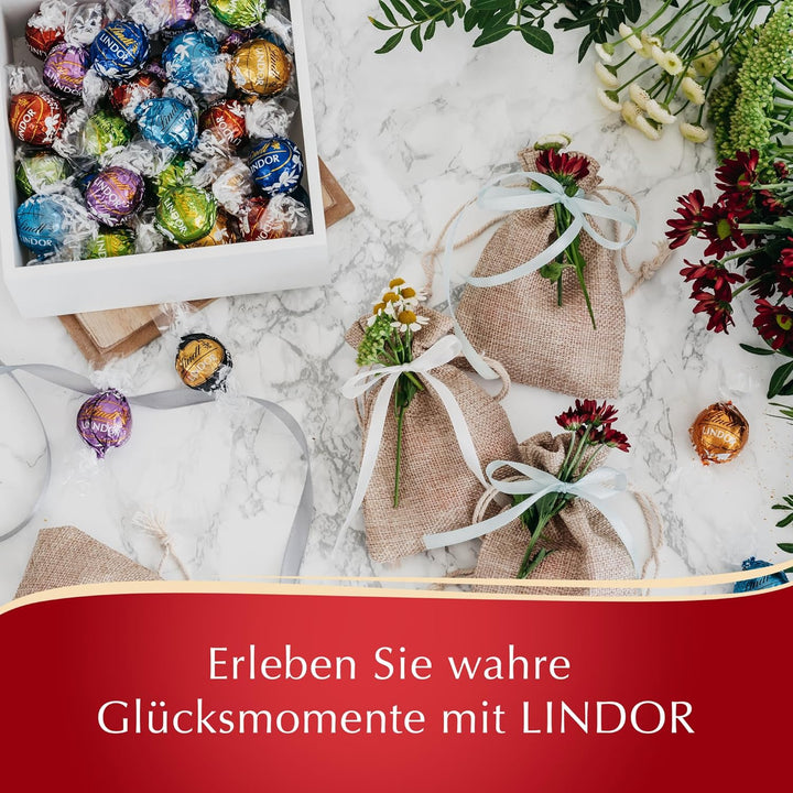 Lindt Schokolade LINDOR Mischung | 1371 G | Ca. 109 Kugeln: Milch, 70 %, Milk&White, Stracciatella, Weiß, Nuss, Matcha, Feinherb, Salted Caramel, Pistazie | Schokoladengeschenk