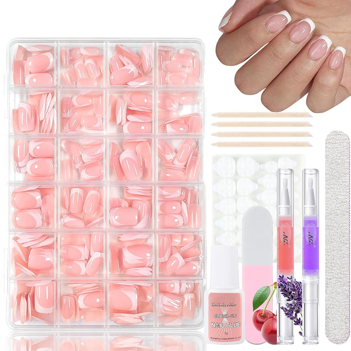 Set 360 de bucăți de unghii false cu balerină în gradient, unghii artificiale cu gradient roz și alb pentru lipire cu 2 bucăți de stilouri cu ulei pentru unghii, unghii false medii ombre pentru femei DIY