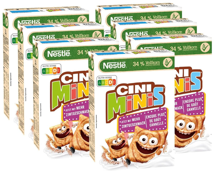 CINI MINIS, Muesli cu scorțișoară, 37% făină integrală vitală, cu vitamine, calciu și fier, fulgi crocanți și crocanți, pachet de 7 x 375 grame