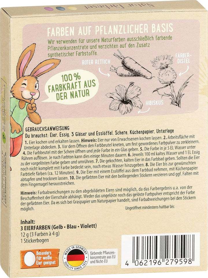 Set de vopsire naturală Heitmann Egg Dye, 3 pudre de colorare pe bază de ou (galben, violet, gri-albastru), foaie de autocolante din hârtie cu iarbă