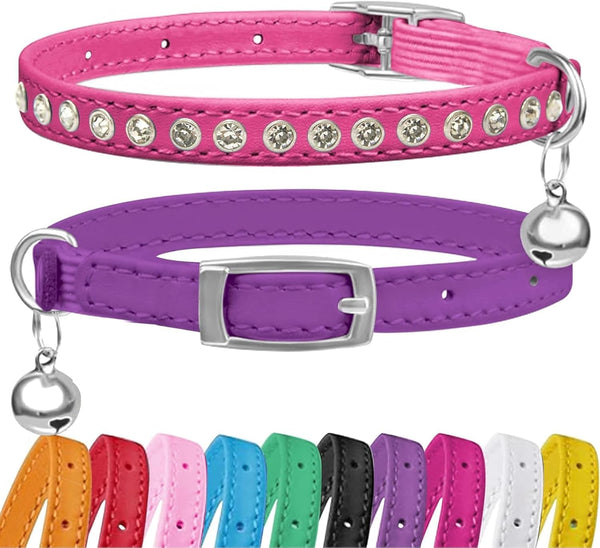 Zgardă pentru pisici Petinstinct, cu 2 piese, în formă de diamant, cu închidere elastică de siguranță și clopoțel, zgardă din piele PU pentru pisici, accesorii pentru pisici, dimensiune reglabilă de la 19 la 29 cm, violet și fuchsia