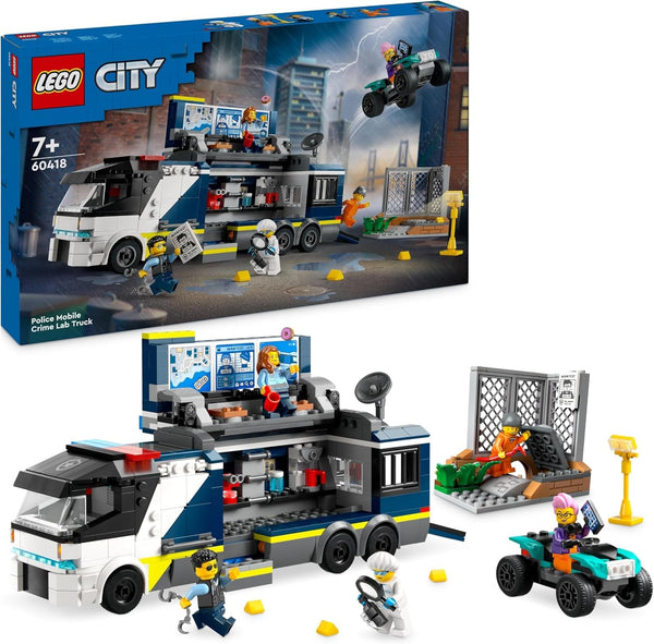 Camion de poliție LEGO City cu laborator, set de poliție cu quad și camion de jucărie pentru copii, cadou pentru băieți și fete de la 7 ani, plus 5 minifigurine - 2 polițiști, 1 om de știință și 2 escroci 60418