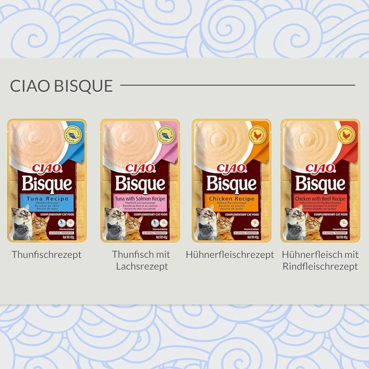 INABA Ciao Bisque Hrană umedă pentru pisici cu conținut scăzut de calorii cu 28% pui | Fără cereale, fără zahăr, fără subproduse, pastă cremoasă și supă delicioasă pentru pisici din Japonia 40 G (pachet de 12)