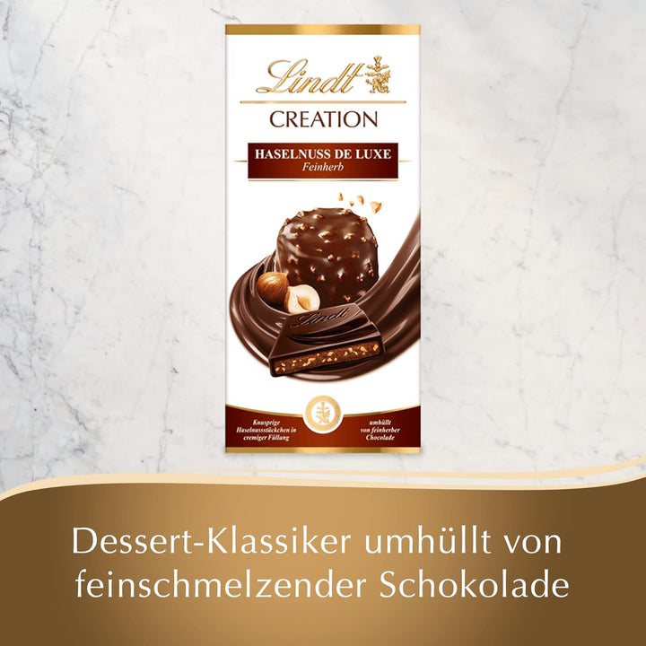 Lindt Schokolade Creation Haselnuss De Luxe Feinherb | 150 G Tafel | Knusprige Haselnuss-Stückchen in Cremiger Füllung Umhüllt Von Feinherber Schokolade | Schokoladentafel | Schokoladengeschenk